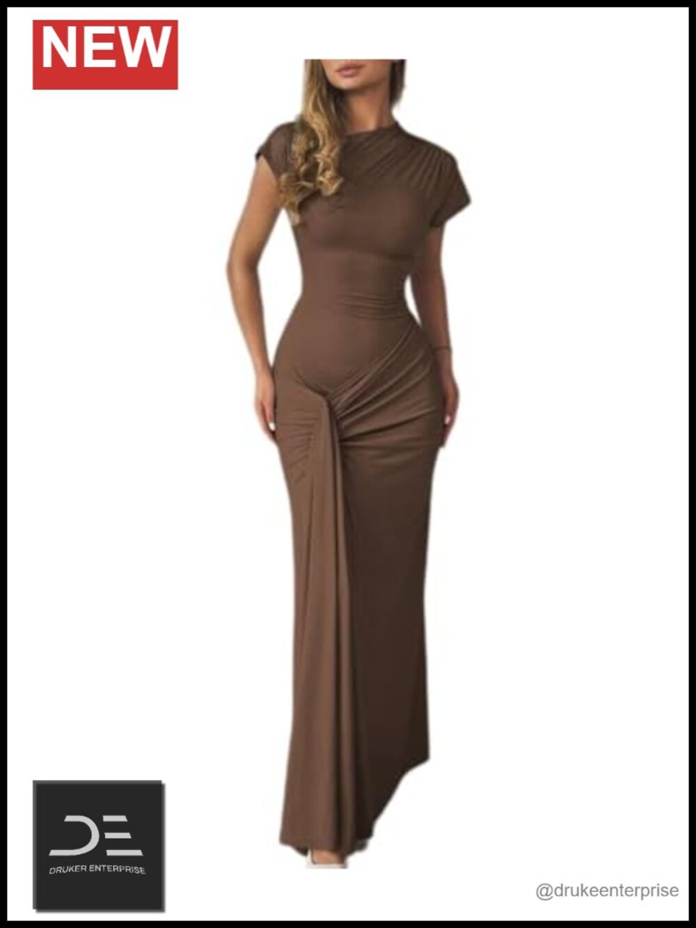 Women Bodycon Maxi Dress Mock Neck Lace Up Ruched Short Sleeve Cocktail Party
